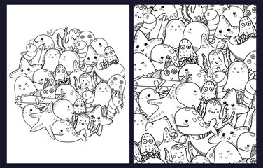 Doodle sea animals coloring pages set. Black and white templates bundle with cute fish characters. Outline background with whale, jellyfish, shrimp and more. Vector illustration
