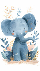 Charming watercolor drawing of a friendly blue elephant sitting and waving with a warm gesture