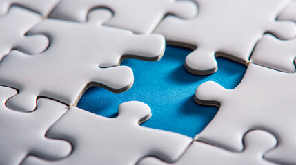Fototapeta premium Puzzle piece jigsaw concept white business solution last background complete. Puzzle jigsaw blue piece white concept part fit strategy abstract link game connect team final together problem solve