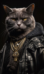 A Painting of a Mic Check Meowster: A Hip-Hop Cat Drips with Swag, Boombox by Its Side (Portrait Style).