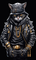 A Painting of a Mic Check Meowster: A Hip-Hop Cat Drips with Swag, Boombox by Its Side (Portrait Style).