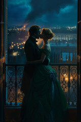Romantic couple overlooking city lights at night