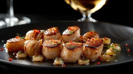   A plate of scallops, garnished, and a glass of wine in the background