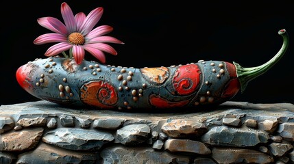   A vase atop rocks holds a flower, its bloom atop an intervening floral centerpiece