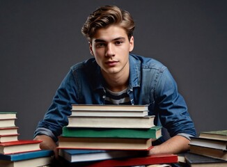  Portrait of a european young male student sitting in a library