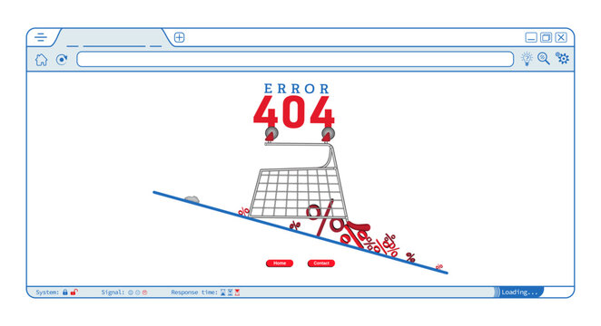 Error 404 abstract browser homepage design with shopping cart, percentage vector. Webpage internet security warning to use in web shop, web development, webpage error, error 404 projects. 