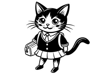 Cute Cat t in School Uniform with Bag