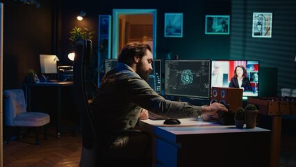 Man inserting classified disk into PC containing sentient AI waving hand, greeting creator....