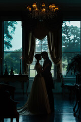 Lovers' silhouette against a grand window backdrop