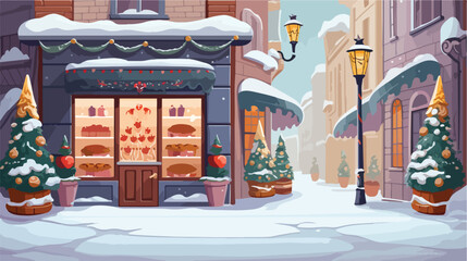 Bakery shop in winter city street. Vector cartoon i