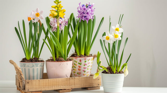 vases with spring flowers. The concept of the arrival of spring. Hello spring.