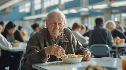 Realistic photo, elderly, white man, very happy, seated eating plate of food, Side view, white table, HIGH SCHOOL CAFETERIA FULL OF PEOPLE. The tone is clear , contrasts with the white blue background - Powered by Adobe