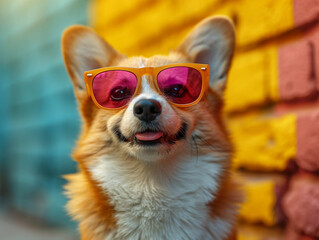 The corgi dog is wearing pink sunglasses, standing in front of a colorful brick wall. Positive pet showcasing modern eye protection accessories