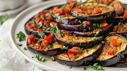 Delicious iraqi cuisine with grilled eggplant topped with tomatoes and herbs - obrazy, fototapety, plakaty