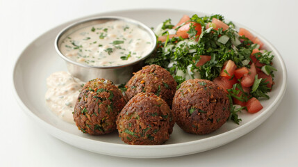 Savory dish of iraqi falafel served with fresh herbs, diced tomatoes, and creamy sauces