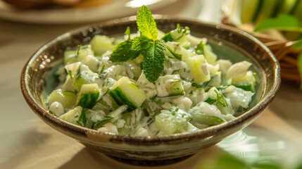 Fresh iraqi cucumber yogurt salad garnished with mint, served in a ceramic bowl
