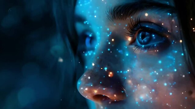 closeup of woman's face and eyes with blue glowing digital dots on her skin, copy space, dark bluish background