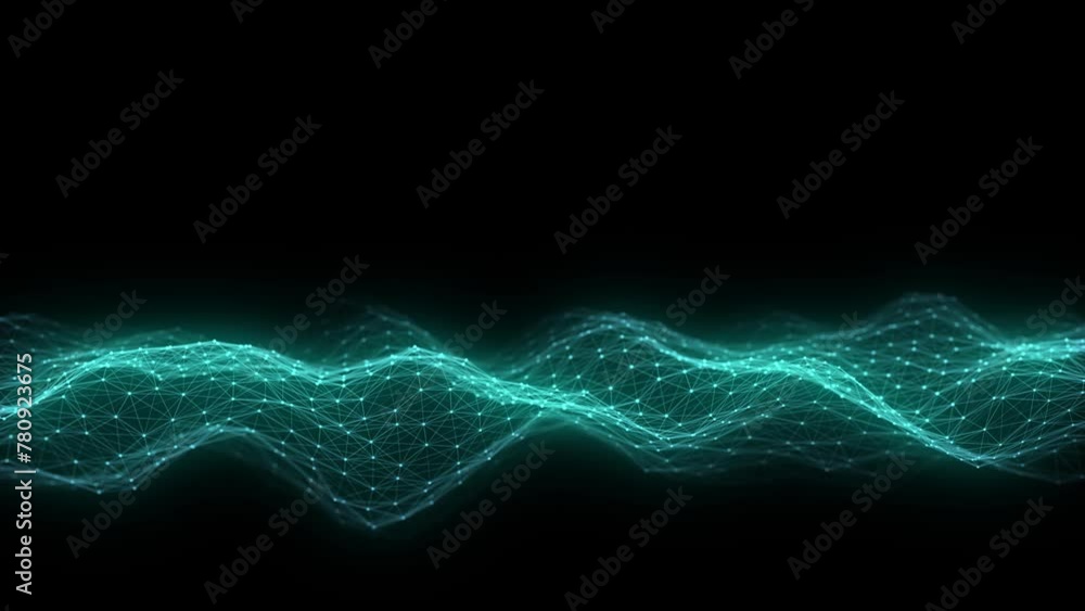 Poster Technology green hexagon wave of particles and lines. Big data visualization. Analytics representation. Digital background. 3d rendering.