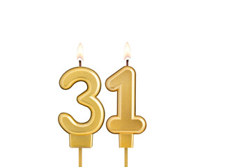 Birthday candle number 31 on white background