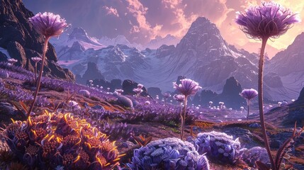 Enchanting Alien Landscape with Vibrant Flora and Mountainous Terrain - obrazy, fototapety, plakaty