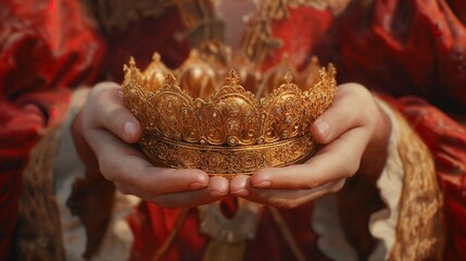 Golden crown held in hands with red gown