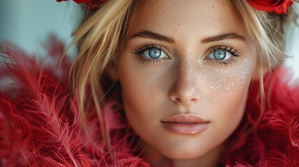 A blonde woman with long lashes and blue eyes hidden by silk flowers and feathers - obrazy, fototapety, plakaty