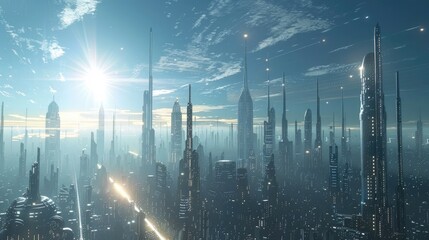 Futuristic Metropolis Skyline with Soaring Skyscrapers and Illuminated Cityscape at Night