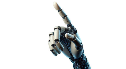 Robot hand raising finger transparent background. White robotic raising hand isolated. White robot hand raising transparent background.