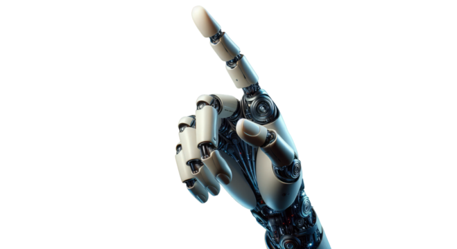 Robot hand raising finger transparent background. White robotic raising hand isolated. White robot hand raising transparent background.