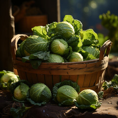Fresh cabbages in a basket on a sunny day