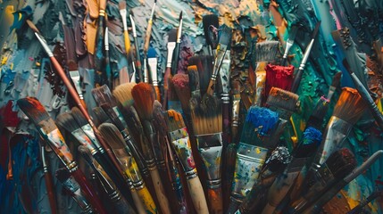 Paintbrushes arranged in a chaotic yet artistic manner.