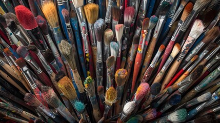Paintbrushes arranged in a chaotic yet artistic manner.
