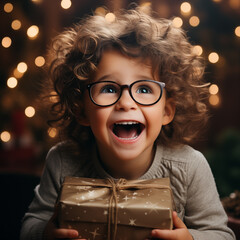 Excited child with a gift against festive lights backdrop