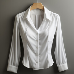 Elegant white blouse on wooden hanger against grey background