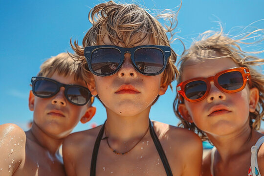 Fun and stylish kids with sunglasses at the beach. Generative AI image