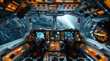 Detailed Interior of a Futuristic Spaceship Cockpit with Advanced Digital Controls and Instruments for Interstellar and Space Travel - obrazy, fototapety, plakaty
