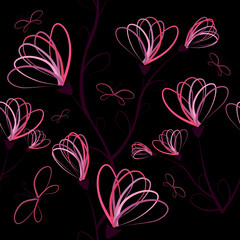 Seamless dark pattern of flowers from a line. hand drawn. Not AI . Vector illustration