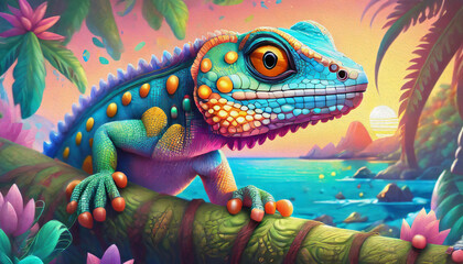 OIL PAINTING STYLE CARTOON CHARACTER Colorful lizard on a branch near the sea during sunset