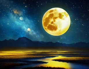 Fotobehang 美しい自然の夜空と星屑満月夜の風景 © 月とサカナ SNAO