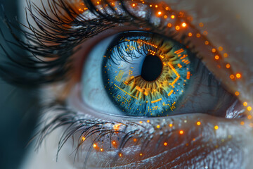 A human cyborg eyeball with glowing integrated chip elements, macro shot