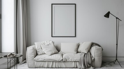  couch, table lamp, and framed picture on the wall