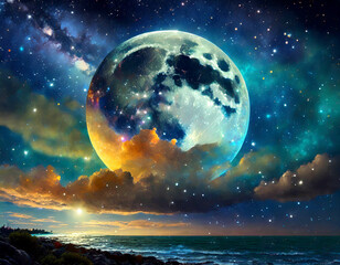 異次元美しい自然の夜空と星屑満月夜の風景 - obrazy, fototapety, plakaty