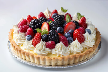 French mixed berry cream tart, closeup macro shot. 
