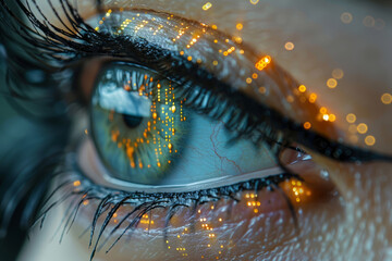 A futuristic woman scanning eyeball with glowing integrated chip elements, macro shot - obrazy, fototapety, plakaty