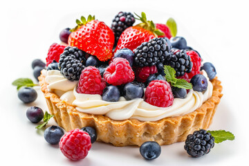 French mixed berry cream tart, isolated on a white background, closeup macro shot. 