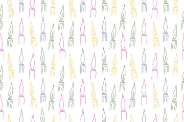 Seamless pattern with doodle burning fiery candle. Continuous drawing in one line art vector illustration. Vector line art image logo icon, icons isolated on white background	