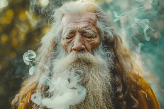 Elderly man with a flowing beard surrounded by smoke. Generative AI image