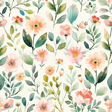 watercolor floral pattern, pastel pink and peach tones, white background
