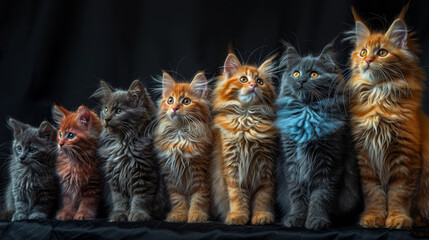   Multicolored kittens seated together against a black background
