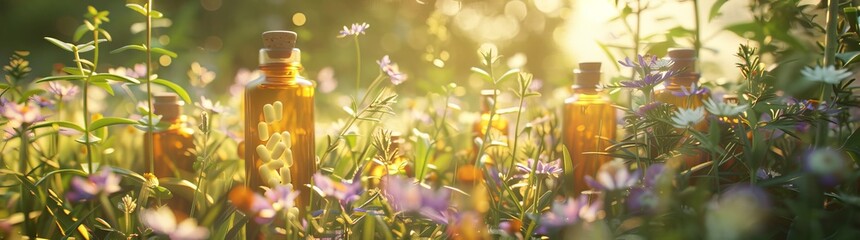 Amber glass bottles with homeopathy pills among blooming wildflowers. Concept of homeopathy, organic apothecary, holistic health, natural pharmaceuticals, alternative medicine. Banner. Copy space